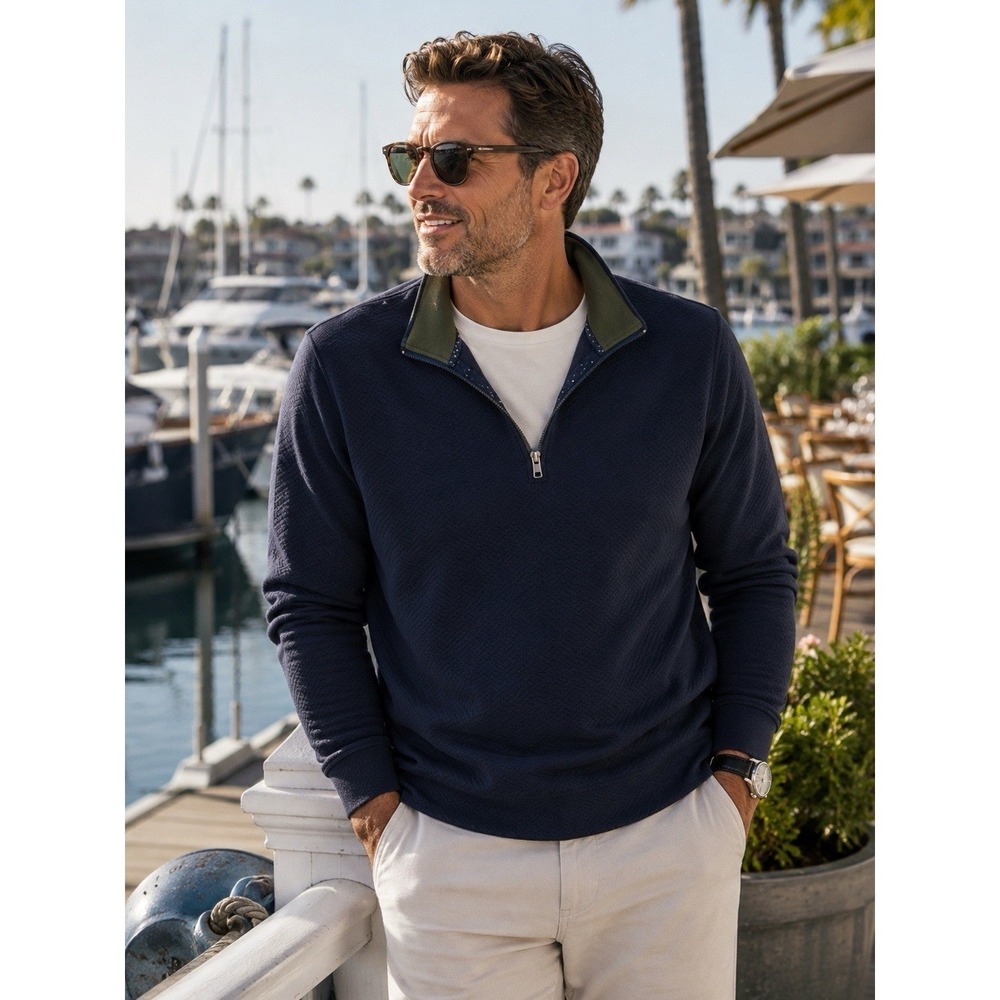 Porter & Ash Mens Quarter Zip Pullover XL Navy Textured Sweater Casual